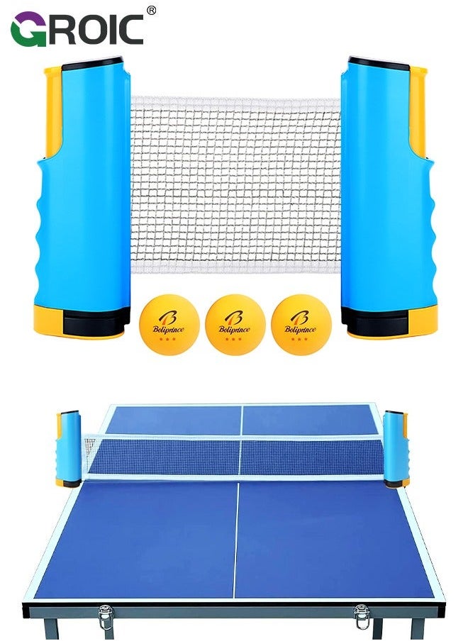 Portable Ping Pong Net Stes with 3Pcs 3-Star Ball, All-in-One Retractable Table Tennis Up to 70