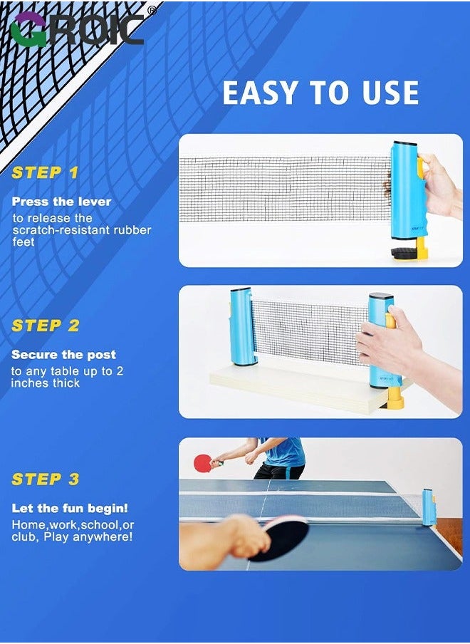 Portable Ping Pong Net Stes with 3Pcs 3-Star Ball, All-in-One Retractable Table Tennis Up to 70