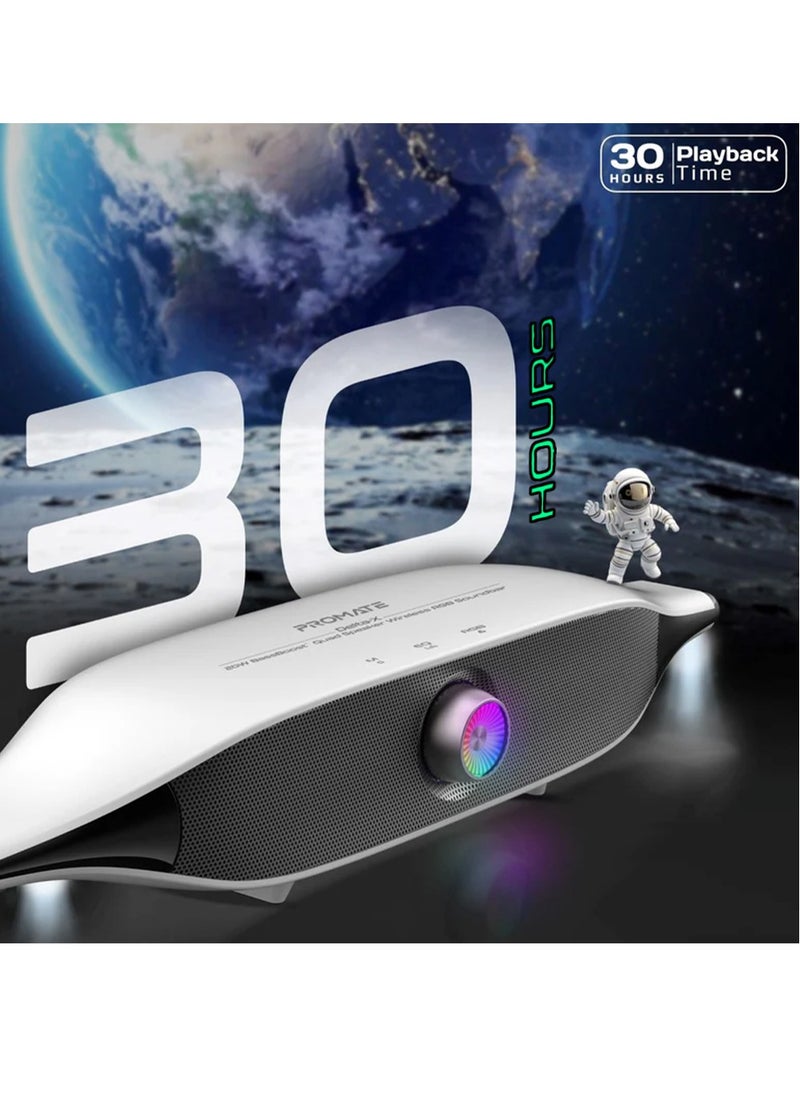 20W BassBoost Quad Speaker Wireless RGB Soundbar, Promate Delta-X - White & Black