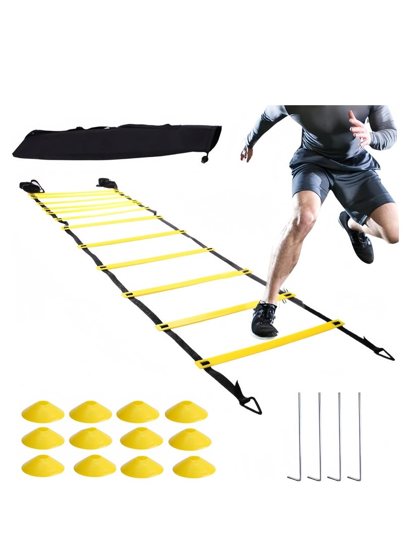 Speed Agility Training Kit Agility Ladder 12 Rungs with Carrying Bag 12 Cones, Improve Footwork and Athletic Performance Balance Training, Premium Set for Soccer Football Boxing