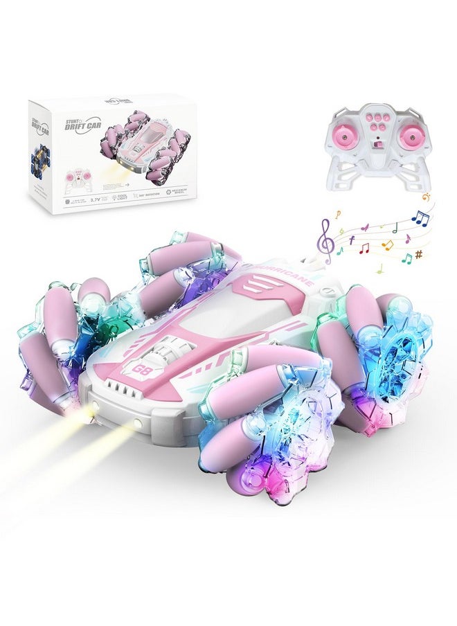 Remote Control Car, Rc Cars Stunt Car Toy, 4Wd 2.4Ghz Double Sided 360° Rotating Rc Car With Cool Light And Music, Kids Xmas Toy Cars For Boys/Girls (Pink)