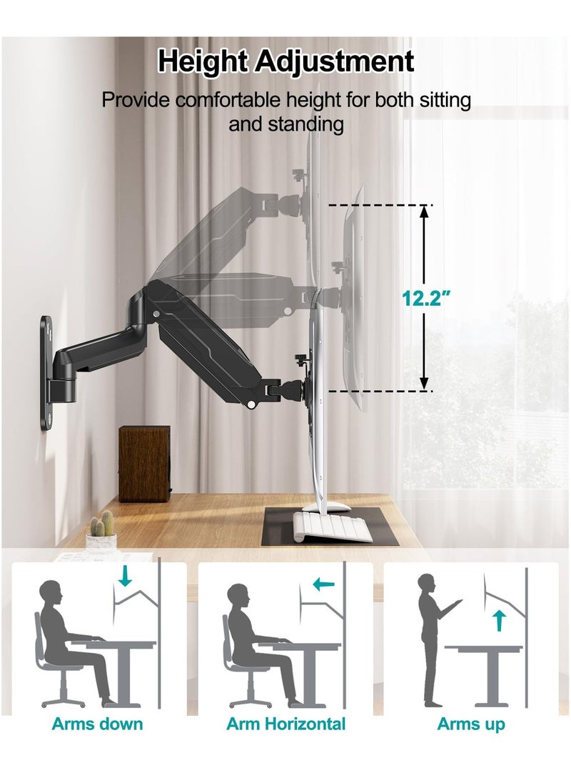 Single Monitor Wall Mount for 13 to 32 Inch Computer Screens, Gas Spring Wall Monitor Arm Holds Up to 17.6lbs, Full Motion Adjustable Wall Monitor Mount, VESA Mount 75x75, 100x100,Black