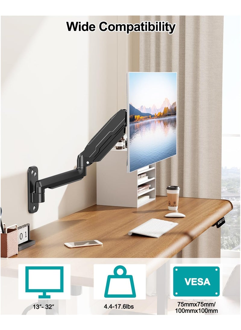 Single Monitor Wall Mount for 13 to 32 Inch Computer Screens, Gas Spring Wall Monitor Arm Holds Up to 17.6lbs, Full Motion Adjustable Wall Monitor Mount, VESA Mount 75x75, 100x100,Black