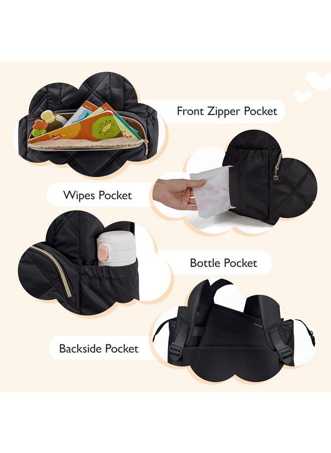 Quilted Diaper Bag Backpack, Small Baby Bags, Lightweight Mini Diaper Backpack For Travel, With Insulated Pockets, Changing Pad (Black)