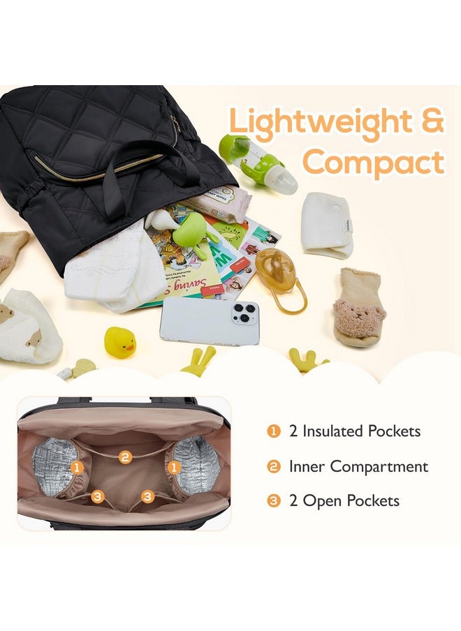 Quilted Diaper Bag Backpack, Small Baby Bags, Lightweight Mini Diaper Backpack For Travel, With Insulated Pockets, Changing Pad (Black)