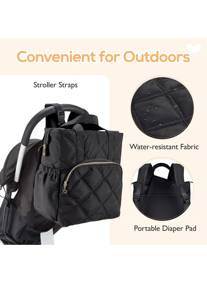 Quilted Diaper Bag Backpack, Small Baby Bags, Lightweight Mini Diaper Backpack For Travel, With Insulated Pockets, Changing Pad (Black)