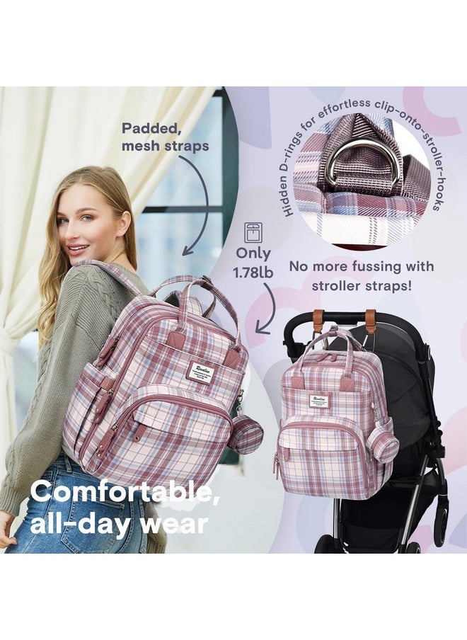 Diaper Bag Backpack - Multifunction Waterproof Travel Backpack, Maternity Baby Bag With Changing Pad & Stroller Ring & Pacifier Case, Pink Plaid