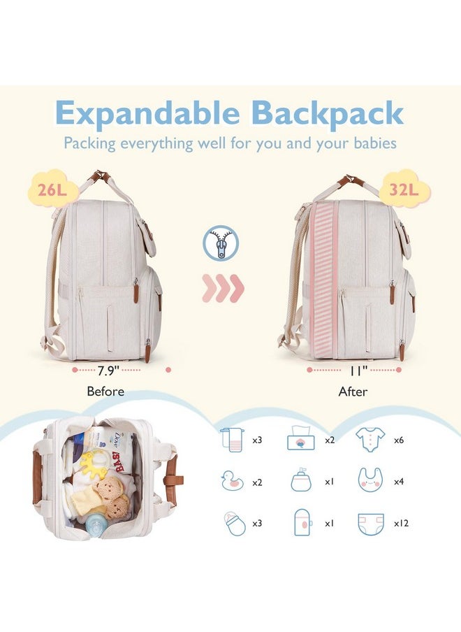 Diaper Bag Backpack, Large Diaper Bag Expandable For 2 Kids/Twins, Durable Baby Bag With Changing Pad, Water Resistant Travel Diaper Backpack For Mom Dad