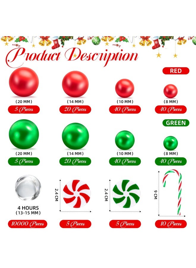 10000+ Diy Floating Vase Filler Kit Christmas Vase Fillers, Including 10000Pcs Water Gel Beads, 210Pcs Red Green Pearls, 20Pcs Candy Cane For Home Table Decor