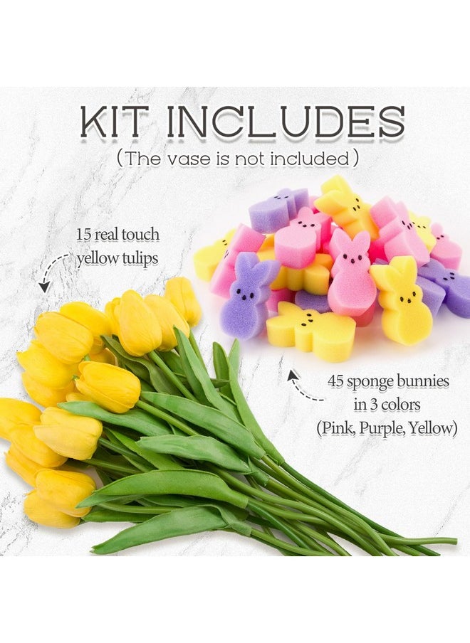 Easter Decorations - Easter Peeps Decor - Artificial Tulips With Bunnies Vase Filler Set, Spring Home Decoration Centerpieces For Tables