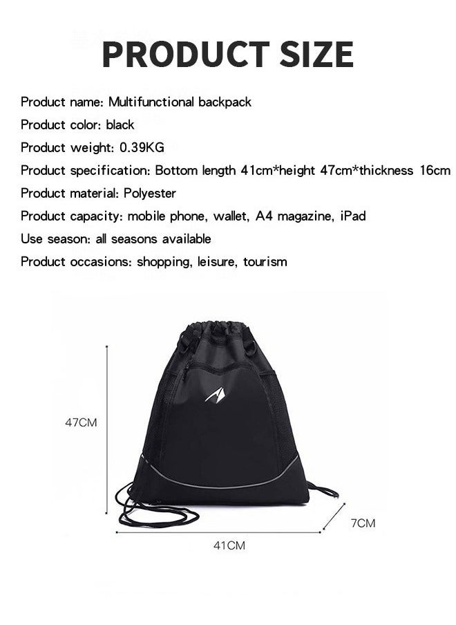 Black Basketball Backpack Drawstring Bag, Accessories String with Ball Compartment, Workout Equipment Bags