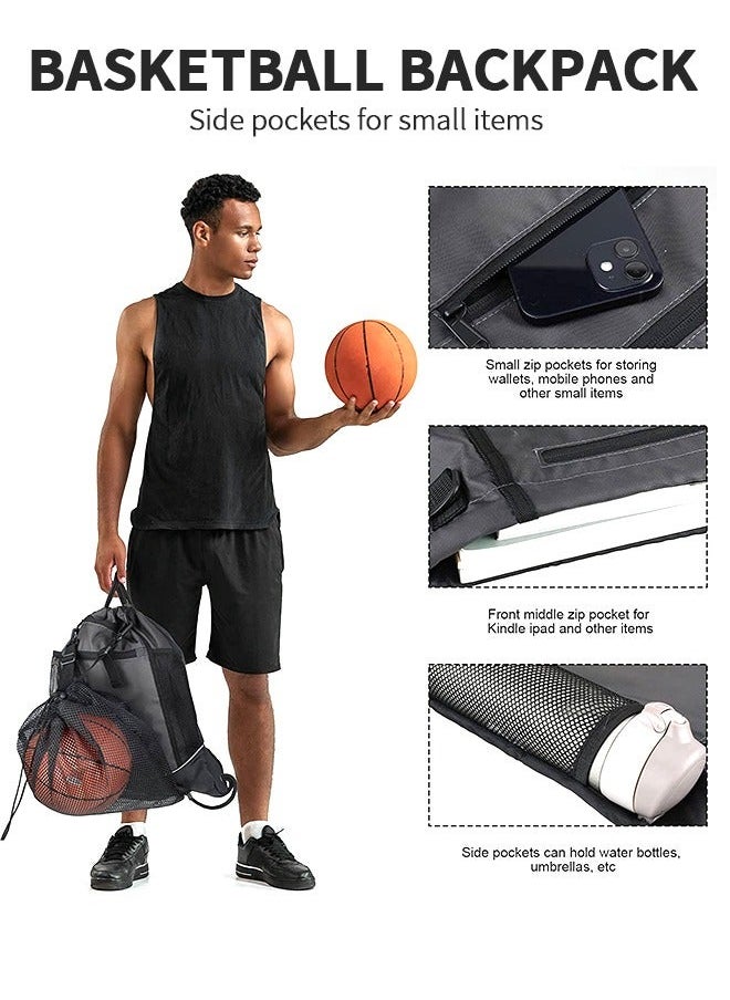 Black Basketball Backpack Drawstring Bag, Accessories String with Ball Compartment, Workout Equipment Bags