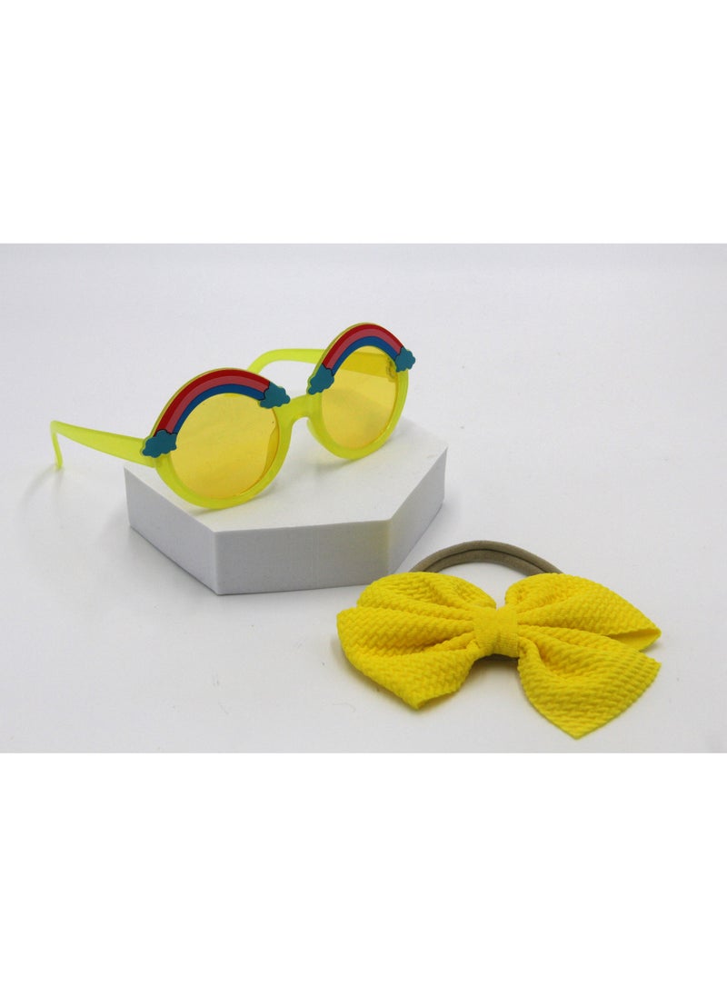 Anaya Rainbow Glasses and Bow Barrette Ponytail Set For Babies and Girls - Bright Yellow