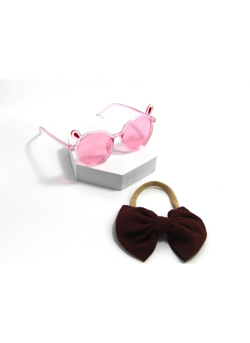 Layla Glasses and Bow Barrette Ponytail Set For Babies and Girls - Maroon