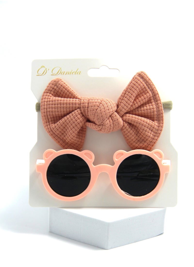 Romina Glasses and Bow Barrette Ponytail Set For Babies and Girls - Peach