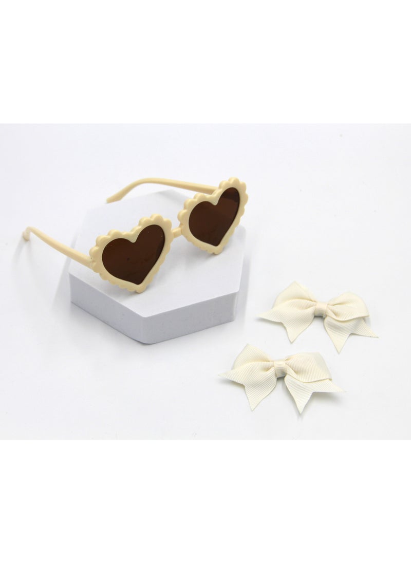 Yasmin Heart Shaped Glasses and Bow Barrette Clip Set For Babies and Girls - Cream