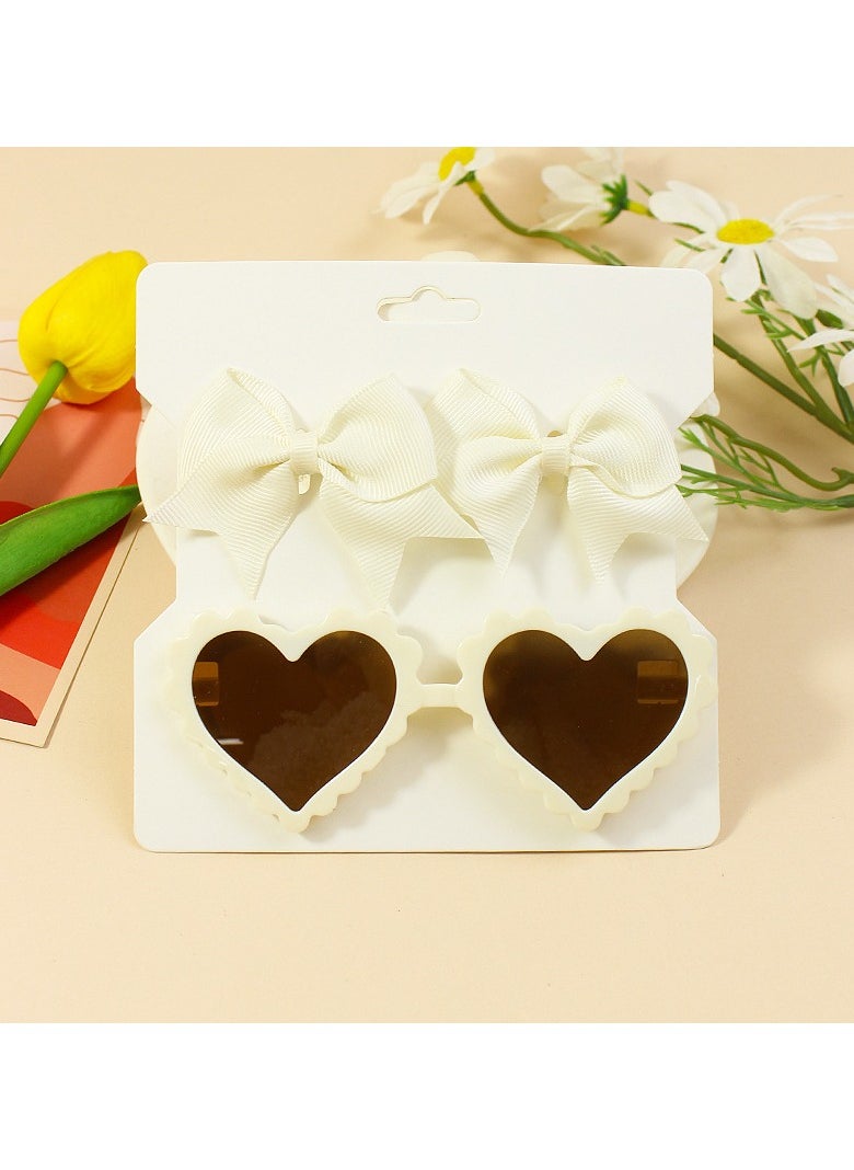 Yasmin Heart Shaped Glasses and Bow Barrette Clip Set For Babies and Girls - Cream