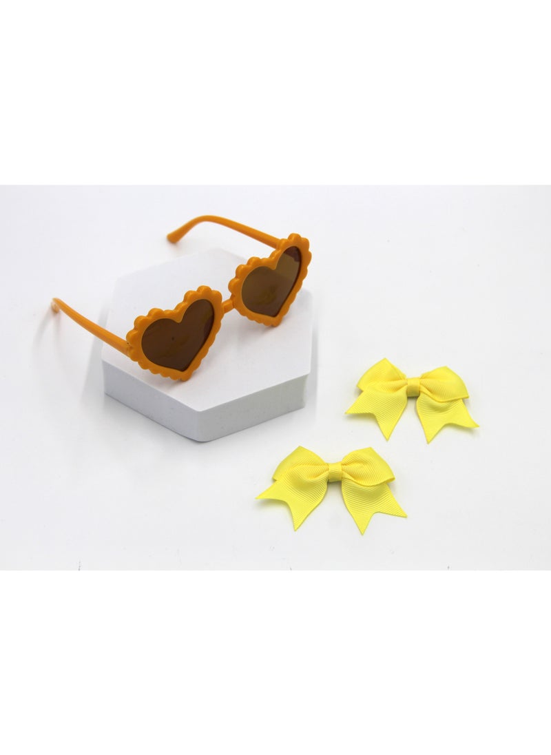 Yasmin Heart Shaped Glasses and Bow Barrette Clip Set For Babies and Girls - Yellow