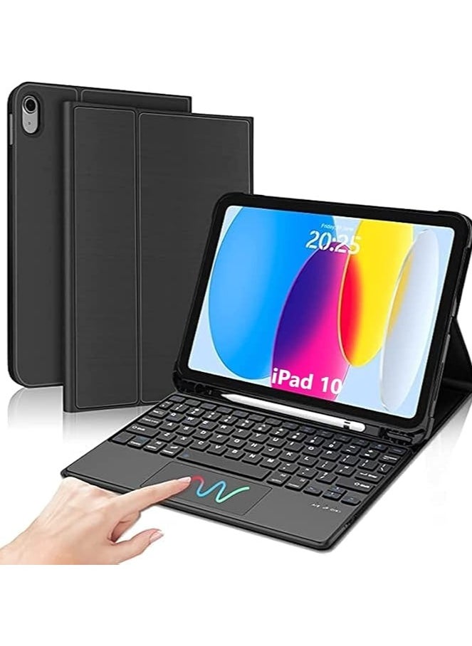 Keyboard Case with Touch Pad For iPad 10th Generation, Keyboard for iPad 10th Gen 10.9 Inch, Smart Trackpad, Detachable Wireless with Pencil Holder, Flip Stand Eng+Arb, Black