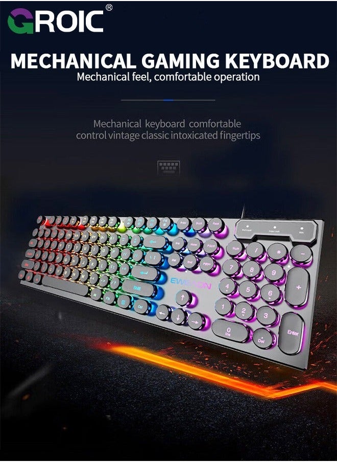 Mechanical Feel Gaming Keyboard, Wired with LED Rainbow Backlit Computer Keyboard for Windows PC Gamers, Light Up Mac