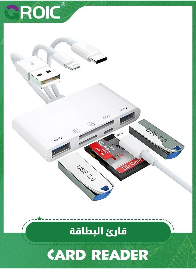 5-in-1 Memory Card Reader, iPhone/iPad USB OTG White Adapter & SD C and A Devices with Micro Slots, SDHC/SDXC/MMC, Plug Play for iOS Android