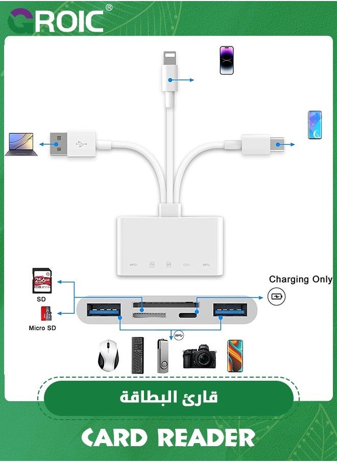 5-in-1 Memory Card Reader, iPhone/iPad USB OTG White Adapter & SD C and A Devices with Micro Slots, SDHC/SDXC/MMC, Plug Play for iOS Android