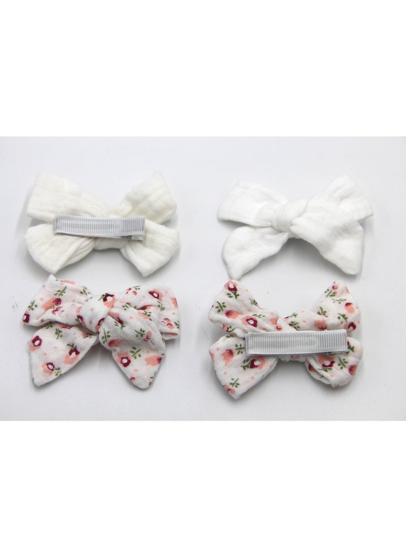 Adella Ribbon Bow Clip Set For Babies and Girls - White & Floral