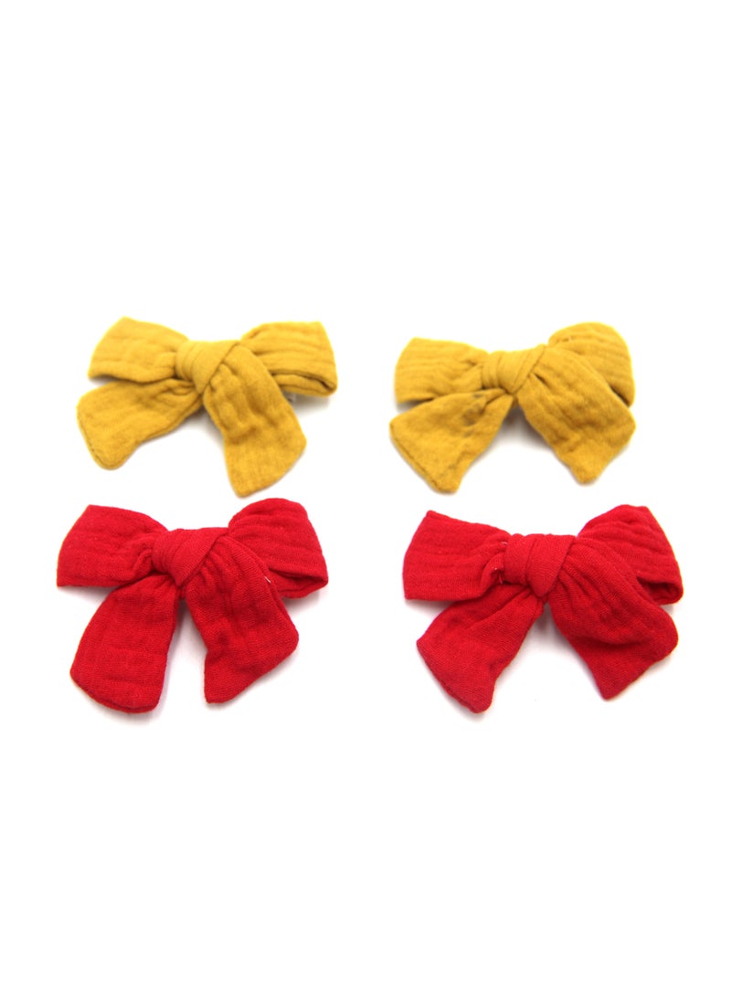 Adella Ribbon Bow Clip Set For Babies and Girls -  Yellow & Red