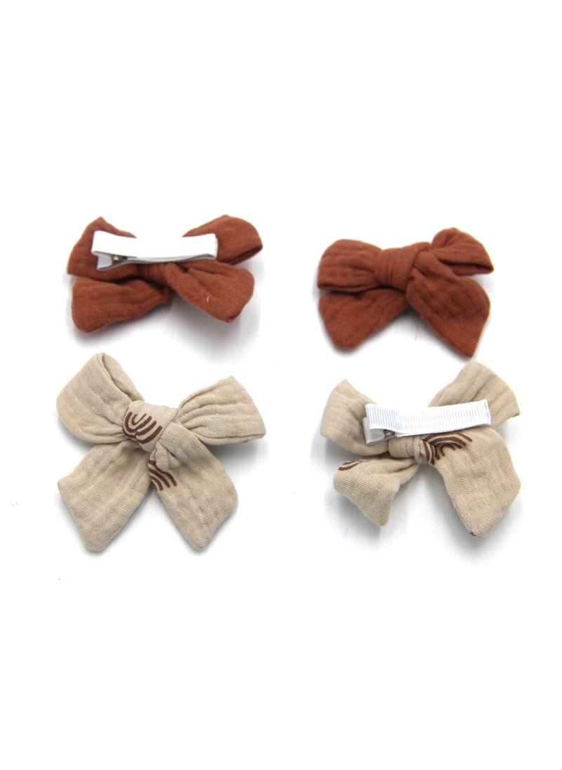 Adella Ribbon Bow Clip Set For Babies and Girls -  Dark Brown & Beige