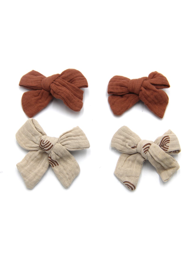 Adella Ribbon Bow Clip Set For Babies and Girls -  Dark Brown & Beige