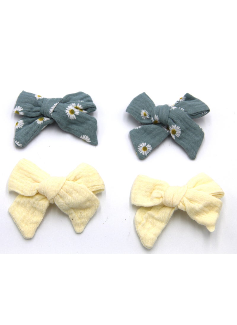 Adella Ribbon Bow Clip Set For Babies and Girls -  Cream & Blue