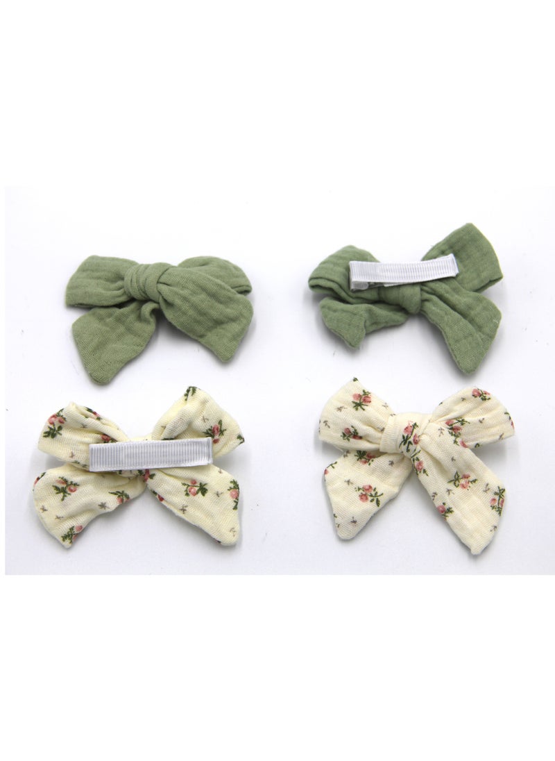 Adella Ribbon Bow Clip Set For Babies and Girls -  Olive Green & Off White