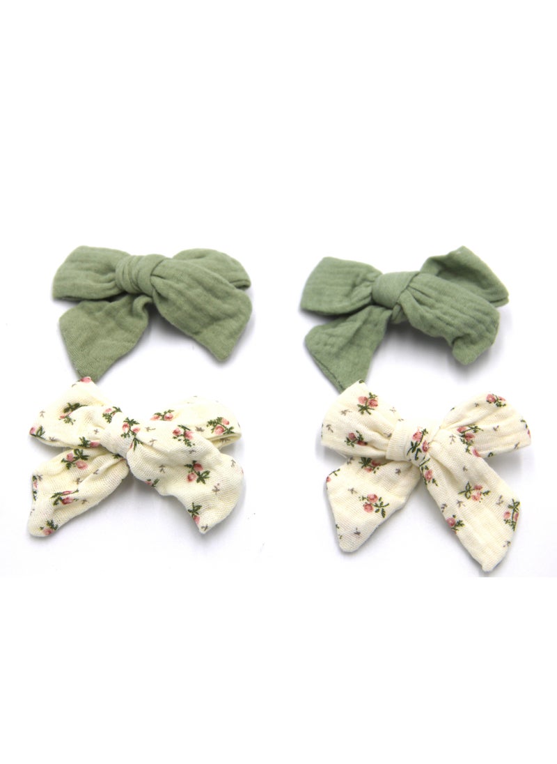 Adella Ribbon Bow Clip Set For Babies and Girls -  Olive Green & Off White