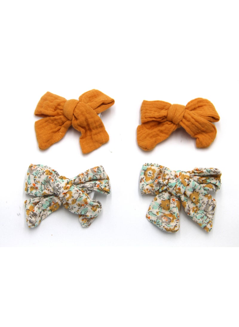 Adella Ribbon Bow Clip Set For Babies and Girls -  Mustard Yellow & Floral