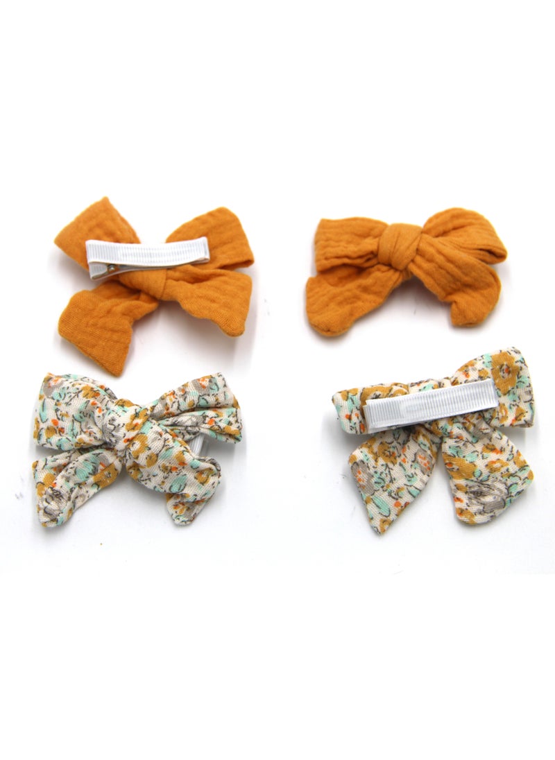 Adella Ribbon Bow Clip Set For Babies and Girls -  Mustard Yellow & Floral