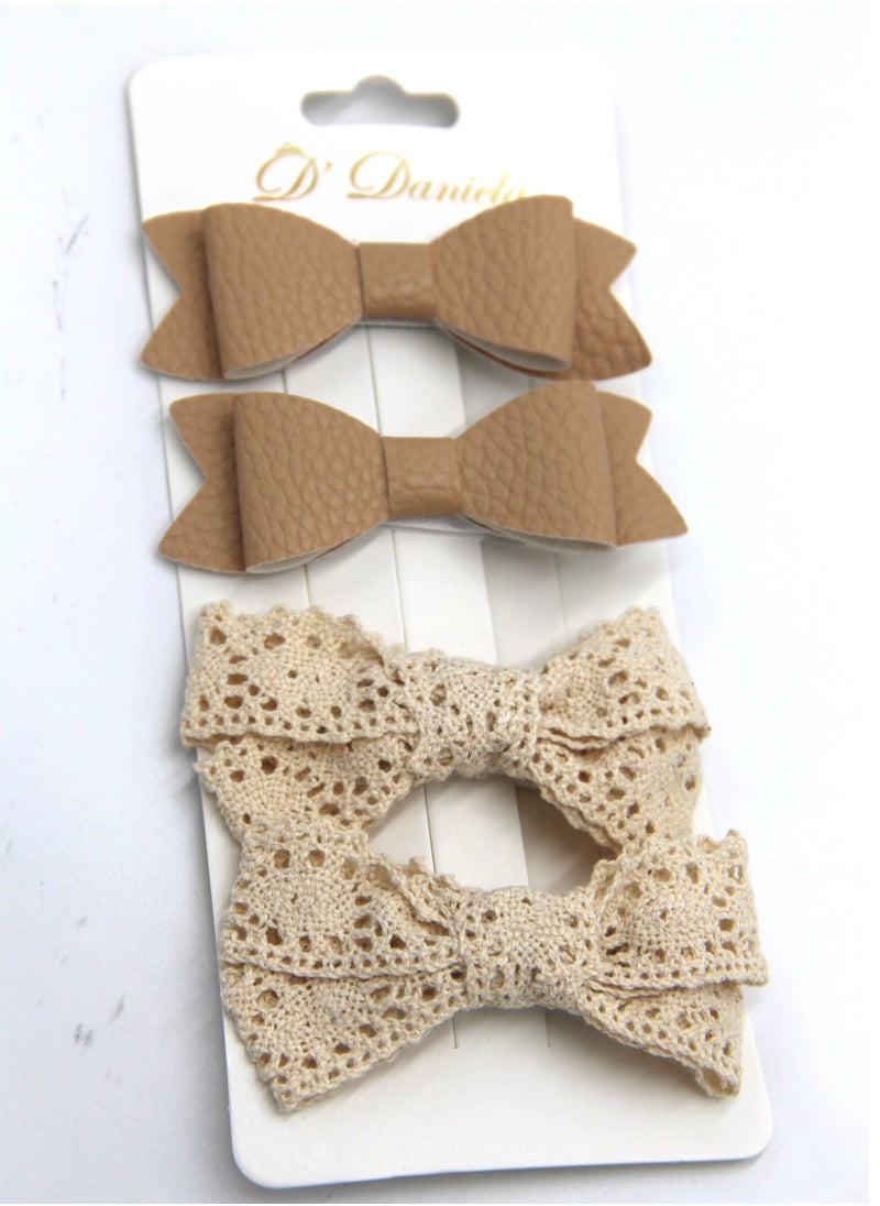 Rana Ribbon Bow Clip Set For Babies and Girls -  Brown & Beige