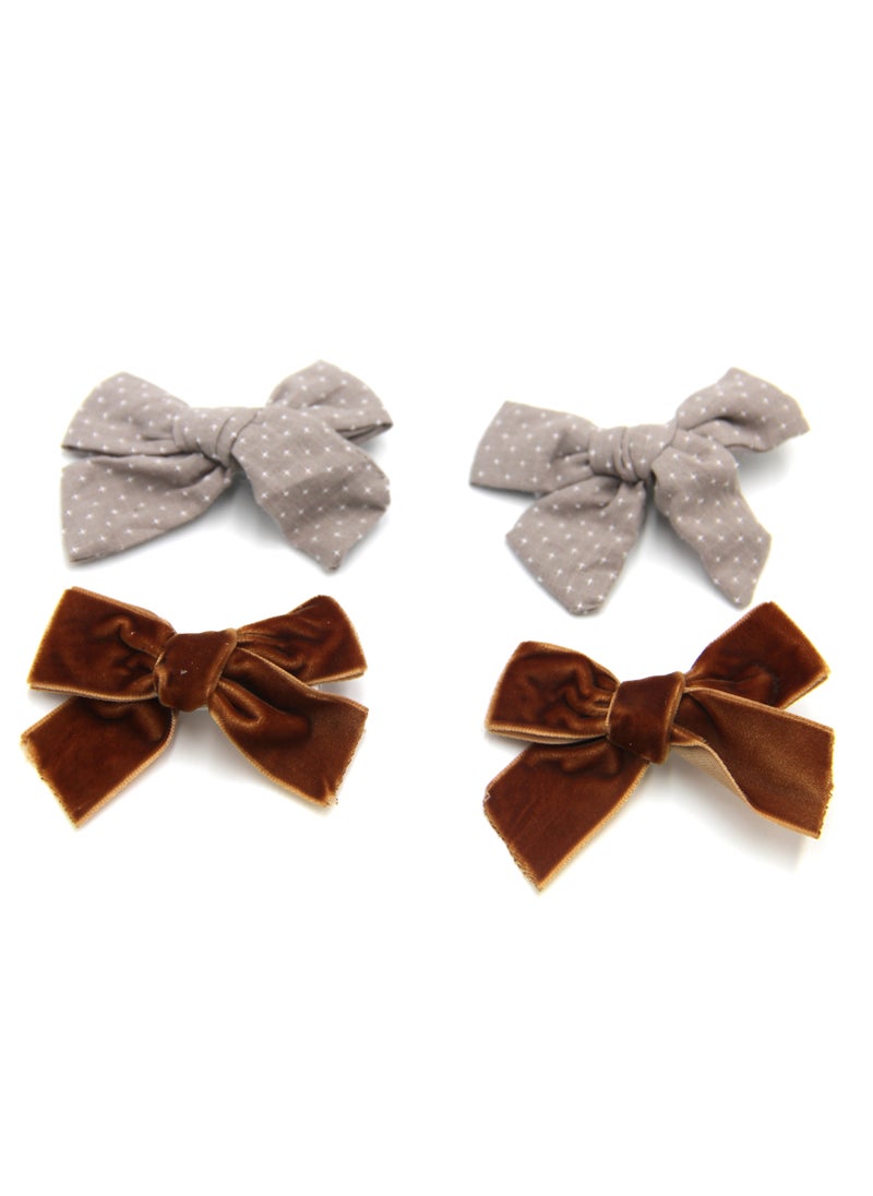 Rana Ribbon Bow Clip Set For Babies and Girls -  Grey & Dark Brown