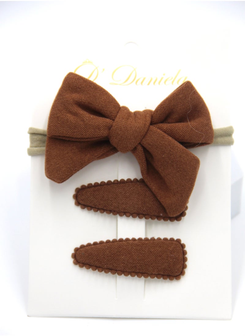 Sara Ribbon Bow Clip Set with Ponytail For Babies and Girls - Dark Brown