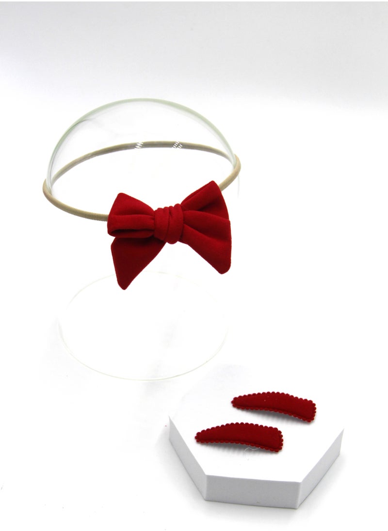 Sara Ribbon Bow Clip Set with Ponytail For Babies and Girls - Red