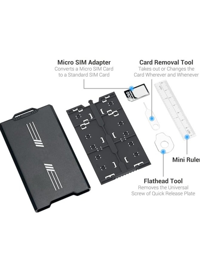 Pop-Up Metal Memory Card Case Holder, Ultra-Slim Storage for 12 Micro SD + 4 SD + 2 Nano SIM Cards, Includes Carabiner, SIM Adapter, and Mini Ruler