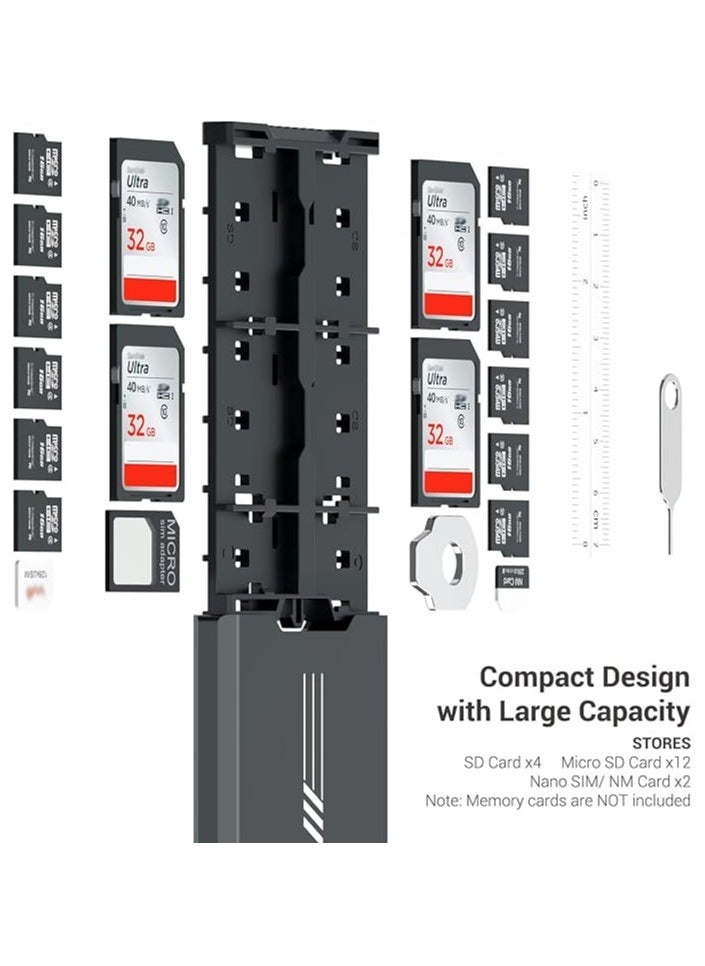 Pop-Up Metal Memory Card Case Holder, Ultra-Slim Storage for 12 Micro SD + 4 SD + 2 Nano SIM Cards, Includes Carabiner, SIM Adapter, and Mini Ruler