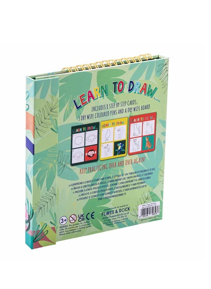 Floss & Rock Jungle Learn to Draw - Kids Creative Drawing Kit includes 8 step-by-step cards, 3 Dry Wipe Colored Pens, and A Dry Wipe Board