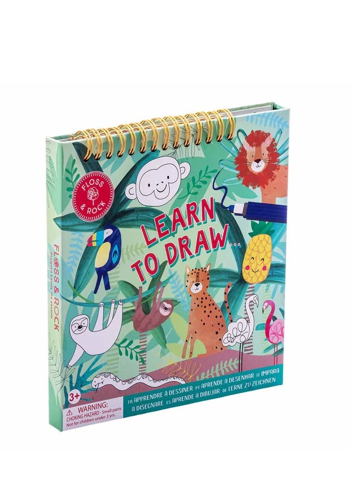 Floss & Rock Jungle Learn to Draw - Kids Creative Drawing Kit includes 8 step-by-step cards, 3 Dry Wipe Colored Pens, and A Dry Wipe Board