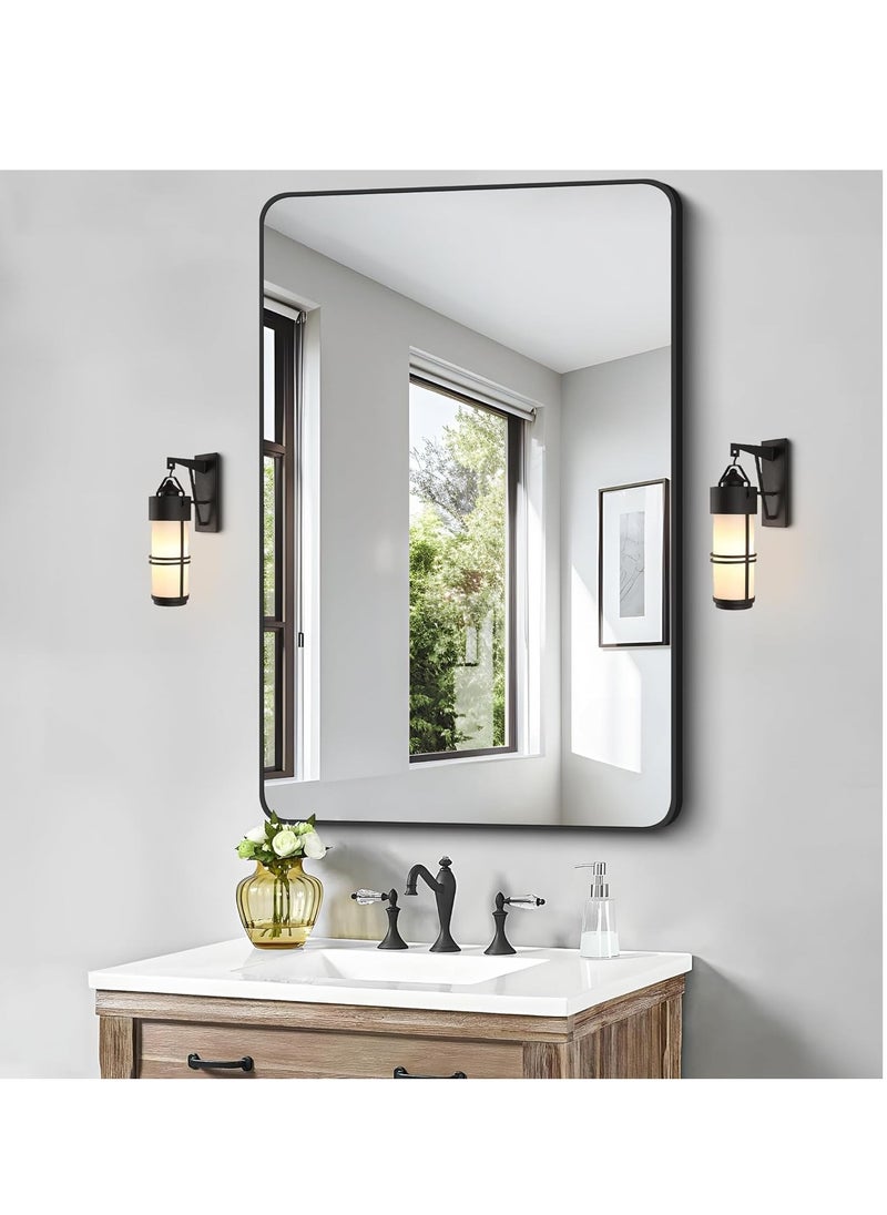 24 x 32 Inch Black Mirror – Aluminum Framed, Rounded Corner Wall Mirror for Bathroom, Bedroom, and Living Room