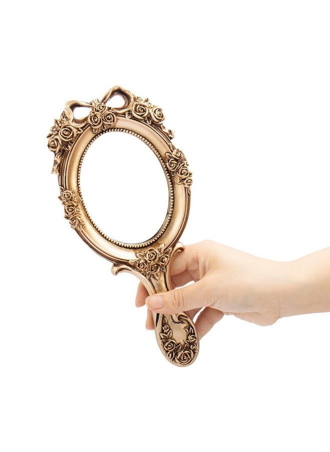 Vintage Handheld Mirror Embossed Flower Hand Held Mirror Makeup Mirror Vanity Mirror Decorative Cute Hand Mirror (Bronze)