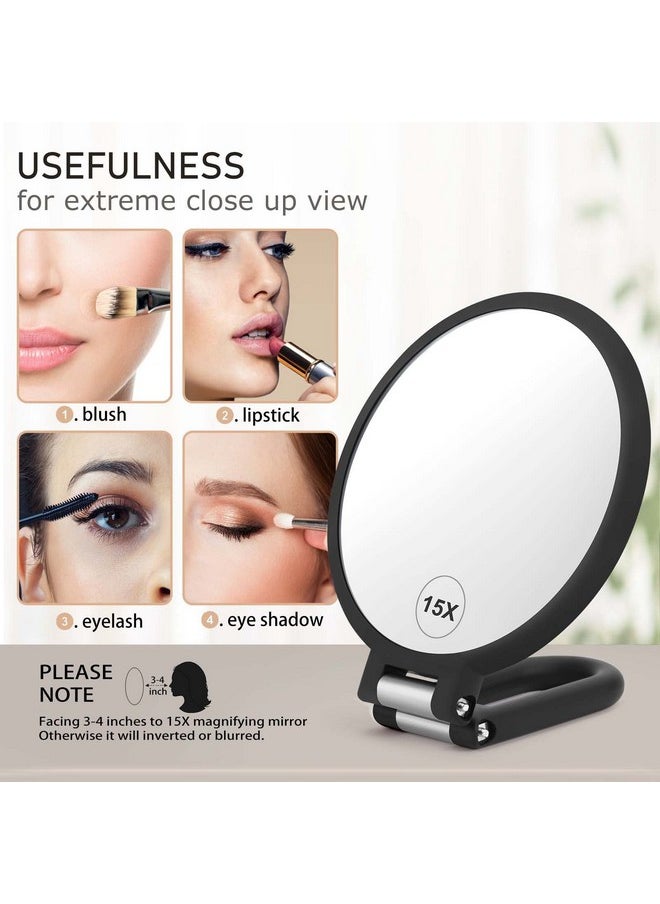 Magnifying Handheld Mirror Double Sided, 1X 15X Magnification Hand Mirror, Travel Folding Held Adjustable Rotation Pedestal Makeup Desk Vanity