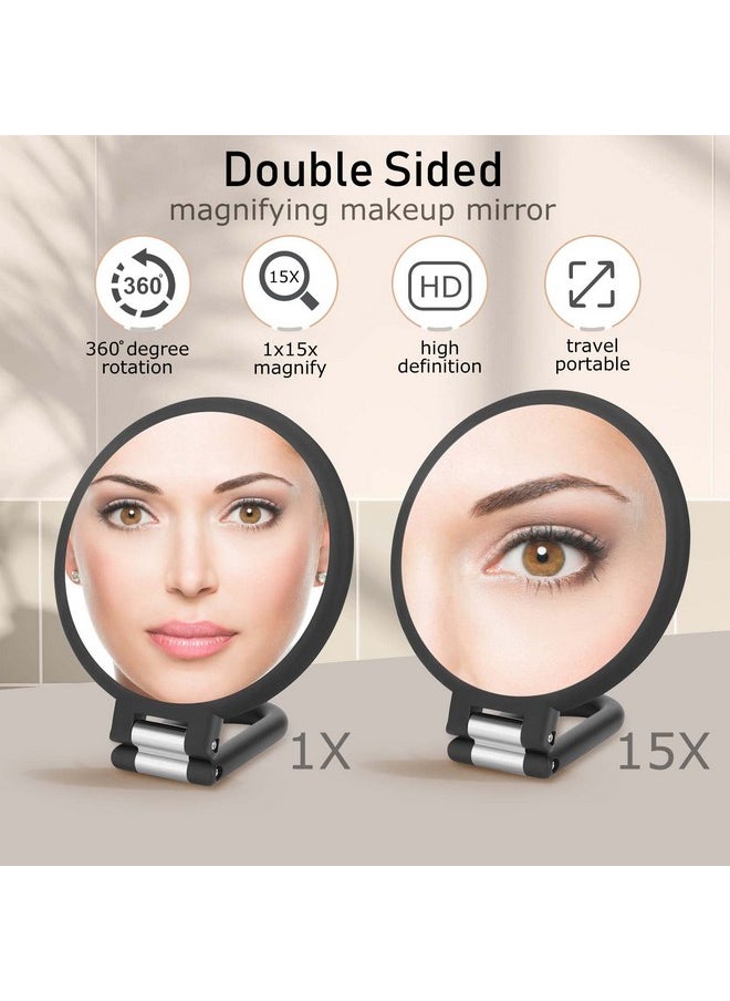 Magnifying Handheld Mirror Double Sided, 1X 15X Magnification Hand Mirror, Travel Folding Held Adjustable Rotation Pedestal Makeup Desk Vanity