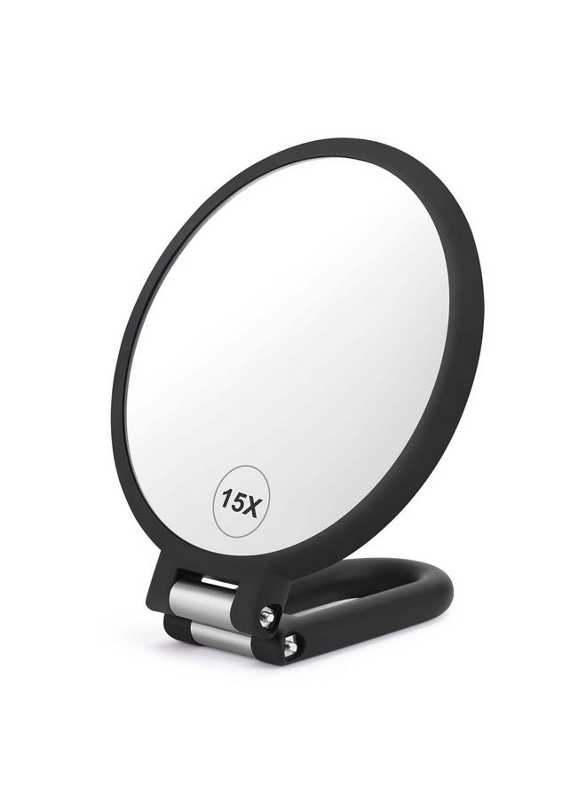 Magnifying Handheld Mirror Double Sided, 1X 15X Magnification Hand Mirror, Travel Folding Held Adjustable Rotation Pedestal Makeup Desk Vanity