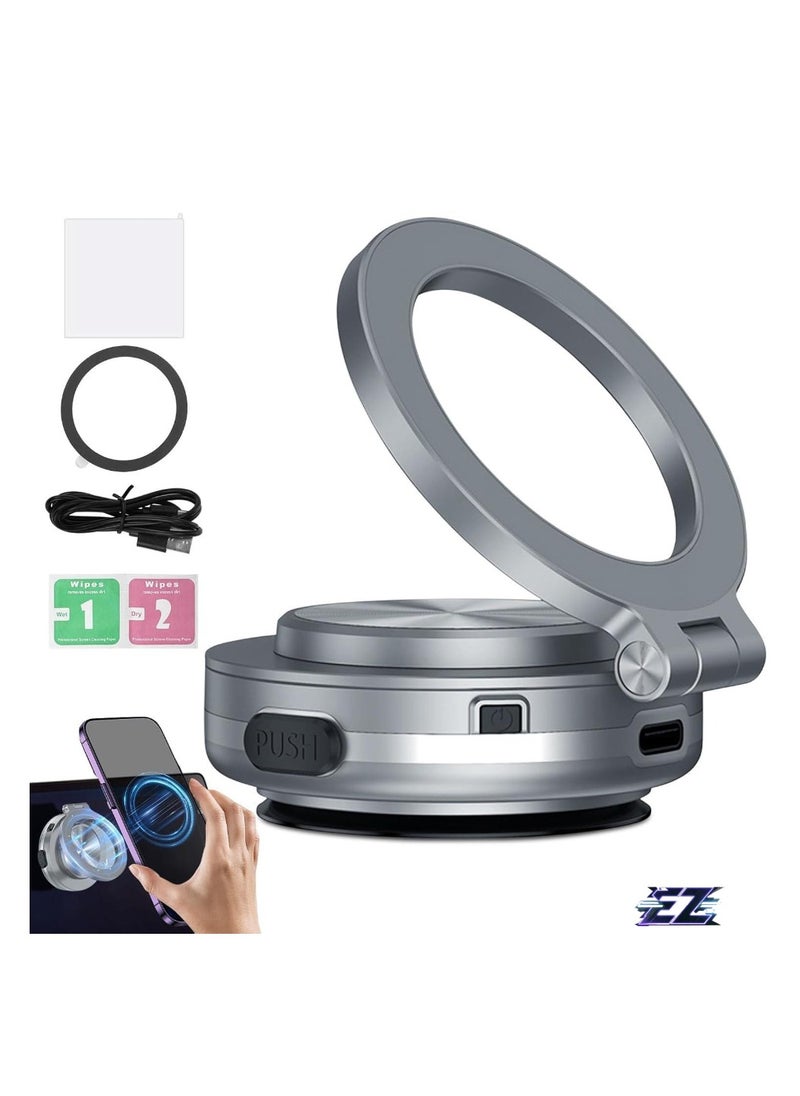 Electric Vacuum Magnetic Car Phone Mount, 360° Rotating Magnetic Phone Holder, Strong Magnetic Grip for Car, Kitchen, Mirror, Gym, Bath Shower, Compatible with iPhone & Android (Grey)