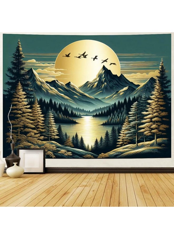 Mountain Moon Tapestry Forest Tree Tapestry Nature Landscape Tapestry Magical River Tapestry Vintage Aesthetic Tapestry Wall Hanging For Bedroom